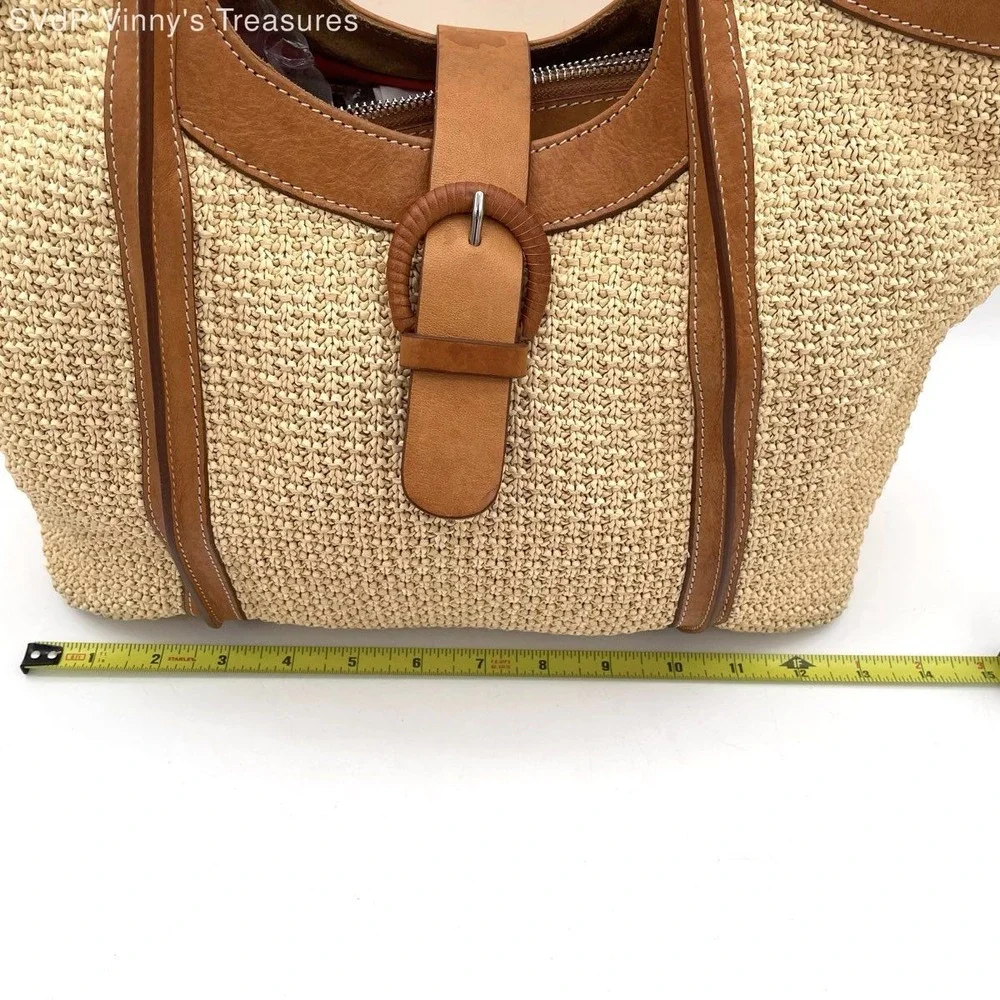 Cavalcanti Women's Woven Straw Leather Trim Tote Bag Tan Made in Italy Buckle